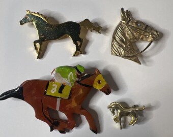 Vintage Reiter Brosche Lot - 4 PC - Gold Tone Pferd, Pferdekopf, Jockey