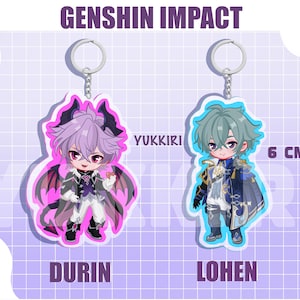 May include: Two acrylic keychains featuring anime-style characters, one with purple hair and bat-like wings, the other with green hair and a blue outfit. Each keychain is approximately 2.4 inches tall and includes a silver keyring.