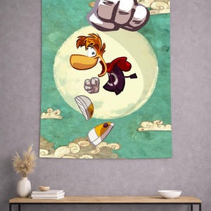 May include: A wall tapestry featuring a cartoon character with a large nose and red cape, set against a teal background with clouds and a full moon. The character is mid-air, with detached limbs. Decorative wall art.