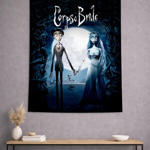 May include: A dark tapestry featuring the animated characters from the movie "Corpse Bride". The image shows a man and woman holding hands in front of a full moon. The title "Corpse Bride" is written in a stylized font at the top.