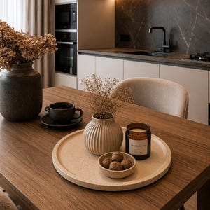 Puede incluir: Una bandeja redonda de color beige moteado contiene un jarr&oacute;n beige acanalado con flores secas, un cuenco peque&ntilde;o con cuatro nueces y una vela en frasco de vidrio marr&oacute;n con la etiqueta Sandalwood. La bandeja descansa sobre una mesa de madera.