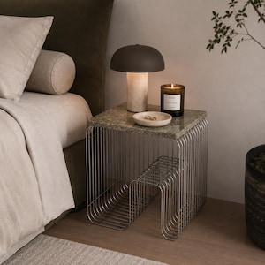 Rustic Green Marble End Table | Silver Wire Base Side Table | Handmade Stone Accent Furniture