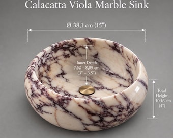 Calacatta Viola marmor handfat, 15 tum runt badrumshandfat, handgjort stenhandfat