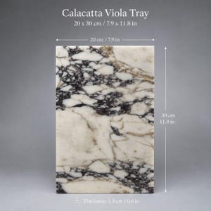 K&ouml;nnte beinhalten: Ein rechteckiges Tablett aus Calacatta Viola Marmor mit wei&szlig;en, cremefarbenen und dunkelvioletten Adern. Das Tablett misst 20 cm mal 30 cm bei einer Dicke von 1,5 cm. Die Oberfl&auml;che zeigt ein nat&uuml;rliches Steinmuster mit ausgepr&auml;gten violetten Adern.
