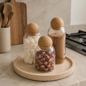 Puede incluir: Tres frascos de almacenamiento cil&iacute;ndricos de vidrio transparente con tapas de corcho esf&eacute;ricas, dispuestos sobre una bandeja redonda de color beige moteado. Un frasco contiene terrones de az&uacute;car, otro capullos de rosa secos y el tercero az&uacute;car moreno.