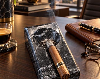 Svart marmor cigaraskfat, handgjord stenhållare, lyxig present till honom, man cave-dekor