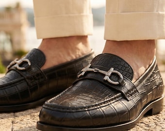 Men's Black Crocodile Leather Loafers – Handmade Horsebit Dress Shoes – Formal Wedding Footwear