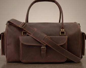 Full Grain Leather Duffle Bag – Mens Weekender Travel Carry-On – Handmade Dark Brown