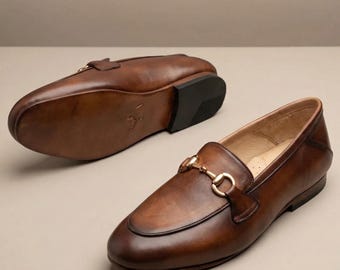 Men's Brown Calf Leather Horsebit Loafers – Handmade Leather Sole Dress Shoes