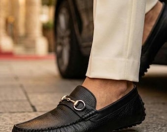 Handmade Black Leather Horsebit Loafers – Pebbled Driving Moccasins for Men
