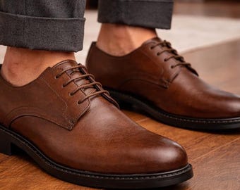 Brown Leather Derby Shoes – Handmade Full-Grain Oxford Business Formal Footwear