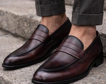 Men's Burgundy Calfskin Penny Loafers – Handmade Leather Sole Dress Shoes