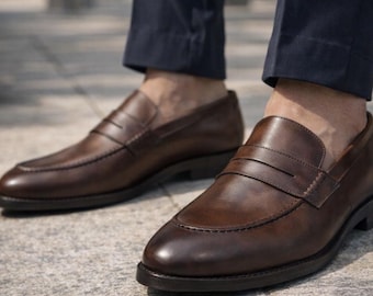 Handcrafted Brown Leather Penny Loafers – Classic Men’s Slip On Dress Shoes - Bespoke