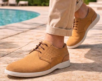Men's Brown Suede Oxford Shoes – Casual Rubber Sole Lace-Up Comfort Dress Wear