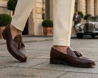 Handmade Brown Calf Leather Tassel Loafers – Men’s Classic Dress Shoes