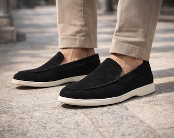 Men's Black Suede Loafers – Handcrafted Slip On Moc Toe Shoes