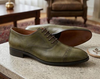 Bespoke Green Calf Leather Oxford Brogue Cap Toe Dress Shoes