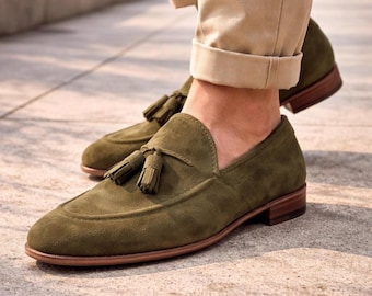 Men's Olive Suede Tassel Loafers – Handmade Calf Suede Dress Shoes, Italian Style