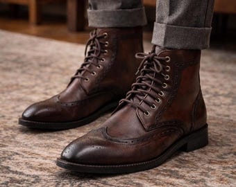 Men's Handmade Brown Leather Wingtip Brogue Boots – Burnished Calfskin Dress Lace-Up