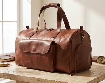 Full Grain Leather Duffle Bag – Light Brown Luxury Handmade Bag
