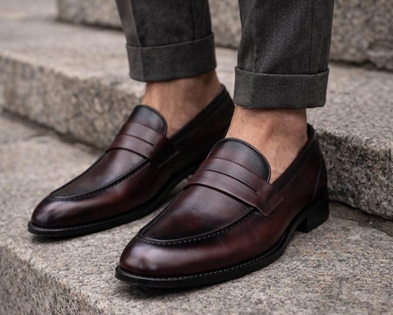 Men's Burgundy Calfskin Penny Loafers – Handmade Leather Sole Dress Shoes