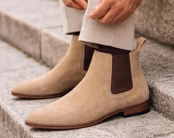 Men's Beige Suede Chelsea Boots – Handmade Leather Ankle Dress Boot