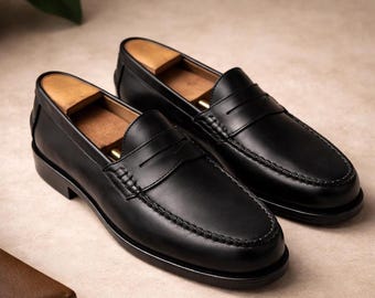 Handmade Black Calf Leather Penny Loafers – Men’s Classic Dress Shoes
