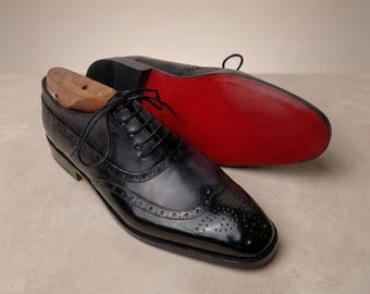 Handmade Calf Leather Full Brogue Oxfords – Men’s Dress Shoes – Patina Finish Lace-Up Shoes