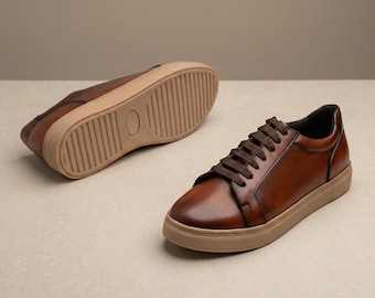 Men's Brown Full-Grain Leather Sneakers – Handmade Minimalist Lace-Up Casual Footwear