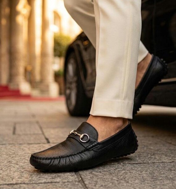 Handmade Black Leather Horsebit Loafers – Pebbled Driving Moccasins for Men