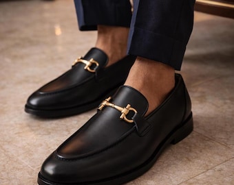 Men's Black Calf Leather Horsebit Loafers – Bespoke Handmade Formal Slip On Dress Shoes