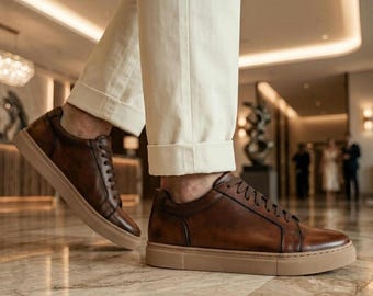 Men's Brown Full-Grain Leather Sneakers – Handmade Minimalist Lace-Up Casual Footwear
