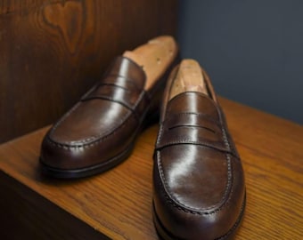 Handcrafted Brown Leather Penny Loafers – Classic Men’s Slip On Dress Shoes - Bespoke