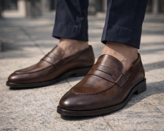 Handcrafted Brown Leather Penny Loafers – Classic Men’s Slip On Dress Shoes - Bespoke
