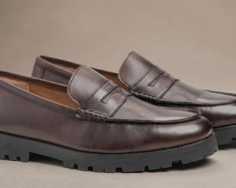 Men's Brown Leather Penny Loafers – Handcrafted Cow Leather, Chunky Rubber Sole Shoes