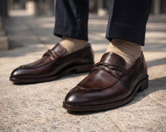 Handmade Two-Tone Brown Calf Leather Loafers – Men’s Classic Dress Shoes