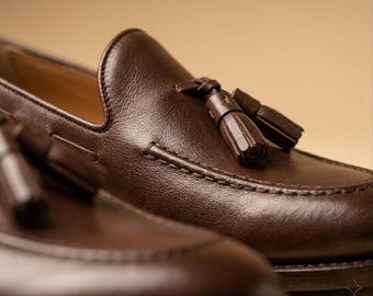 Handmade Brown Calf Leather Tassel Loafers – Men’s Classic Dress Shoes