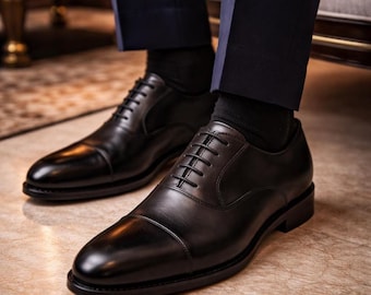 Handmade Black Calf Leather Cap Toe Oxford Dress Shoes – Formal Wedding Business Footwear