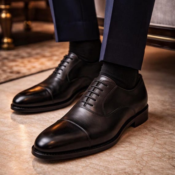 Handmade Black Calf Leather Cap Toe Oxford Dress Shoes – Formal Wedding Business Footwear