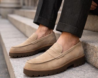 Beige Suede Penny Loafers for Men - Handmade Bespoke Luxury Loafers