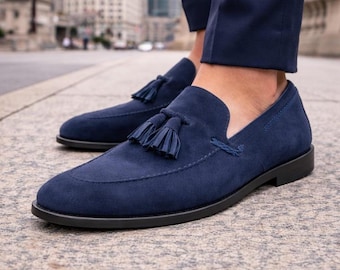 Men's Navy Suede Tassel Loafers – Handmade Slip-On Dress Shoes