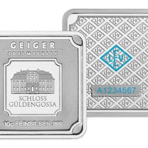 May include: Two silver bullion bars. One bar features the text "GEIGER EDELMETALLE" and "SCHLOSS GÜLDENGOSSA" with an image of a building. The other bar has a repeating pattern and the text "A1234567". Each bar is 10g.