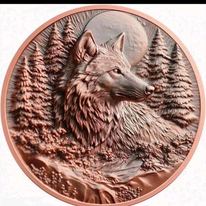 Puede incluir: Escultura en relieve circular de color cobre que representa la cabeza de un lobo de perfil, sobre un fondo de pinos y una luna llena. La obra de arte tiene una superficie texturizada y una estética rústica.
