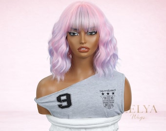 Short Wavy Bob Wig with Bangs Pastel Pink Purple Wig