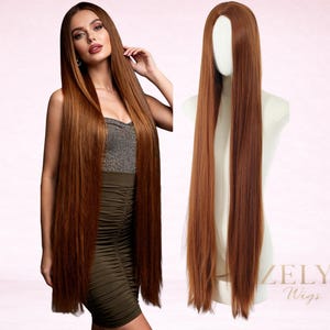 May include: A long, straight, auburn wig is displayed on a mannequin and worn by a person. The wig is a rich, warm brown color and falls well past the shoulders. The image also shows the ZELYA Wigs logo.