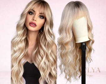 Long Blonde Wavy Wig With Bangs – 26in Heat Resistant Hair