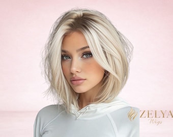 Platinablond Layered Bob Peruk: Naturligt kort hår för kvinnor