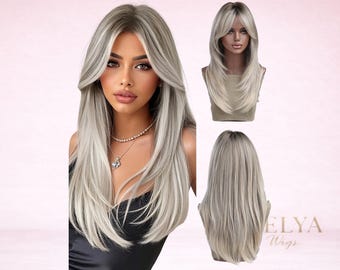 Silver Blonde Layered Wig – Long Straight Synthetic Hair With Bangs