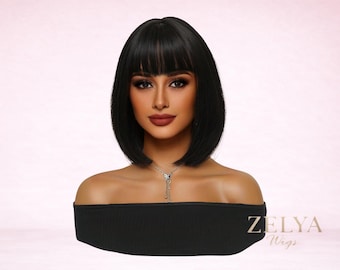 Peluca Bob Negra Corta Con Flequillo Mujer Peluca Natural