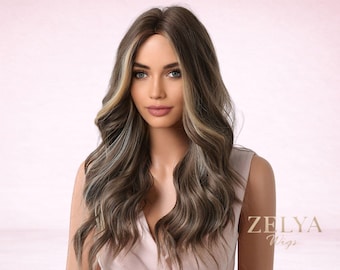 Brun Balayage Lång Vågig Peruk: Naturligt blonda slingor, Vardagsstil